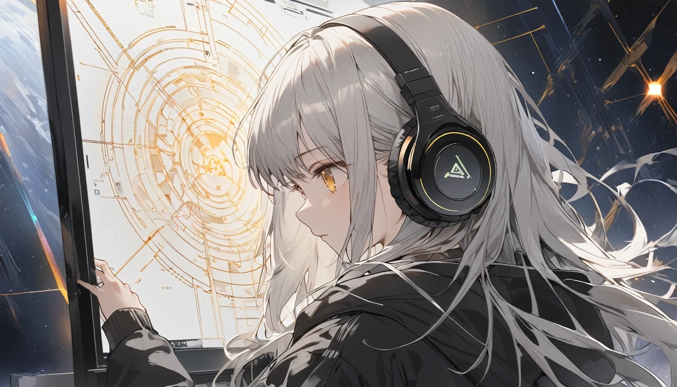 A woman operates a transparent touch panel monitor in the space in front of her face、Silver Hair、Semi-long hair、Put on some cool headphones,{{{{{{{{ Oversized black hoodie }}}}}}}},Beautiful and delicate golden eyes,thought,Black clothes, Detailed Background, Golden Ratio, High resolution burning,