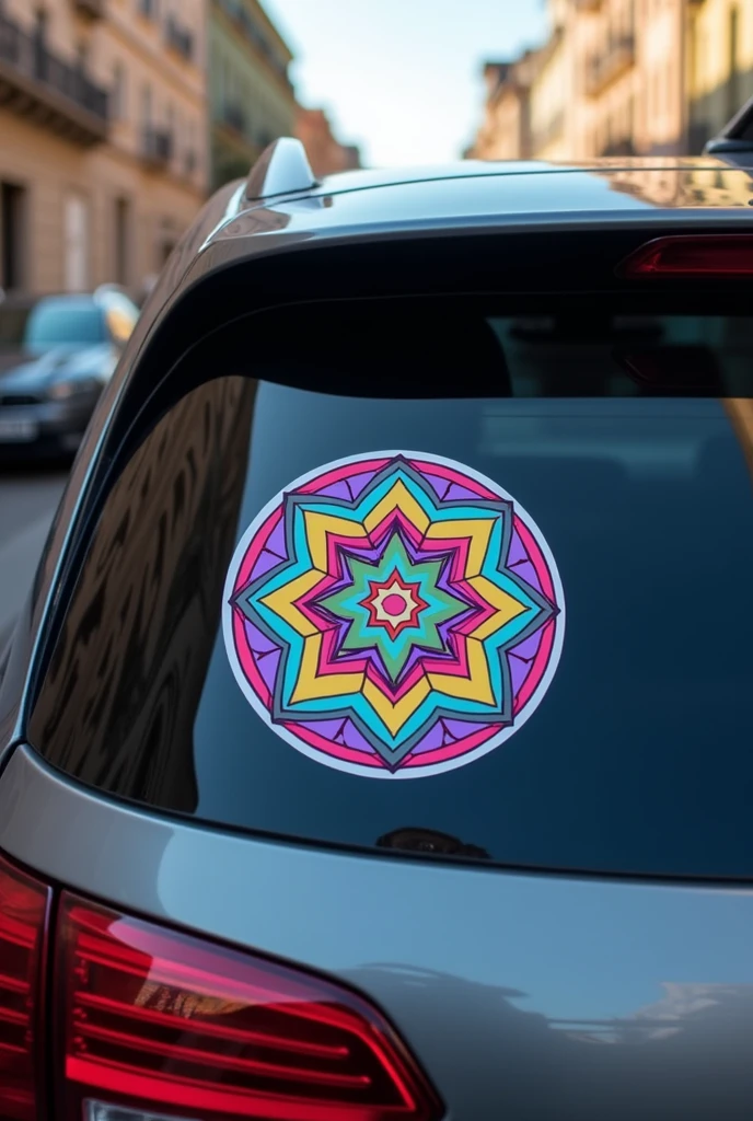 Rear windshield of a car with a decorative circular colored sticker attached