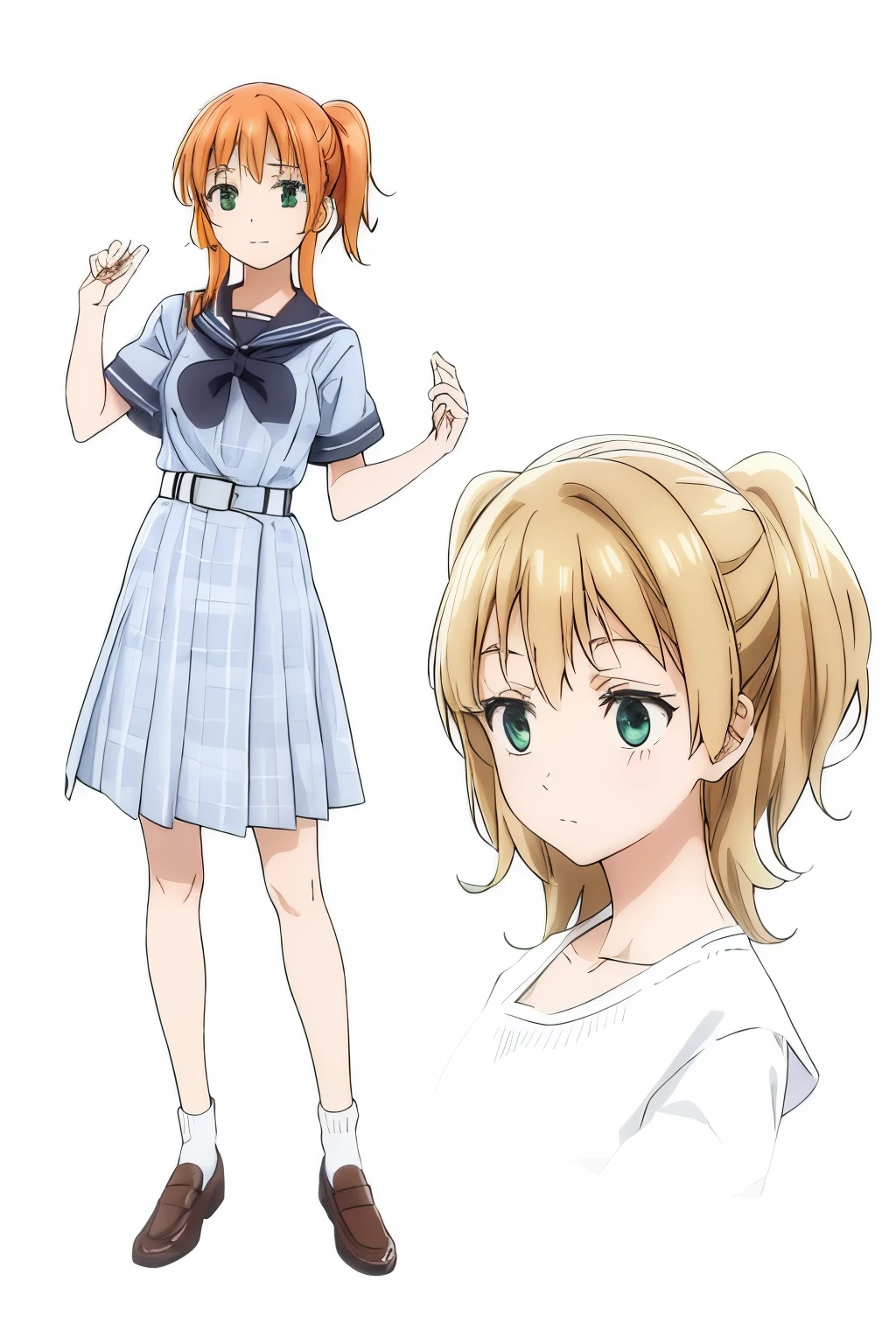 orange hair, green eyes, school uniform brown sailor dress, black belt, red bandana, black socks, brown shoes.
