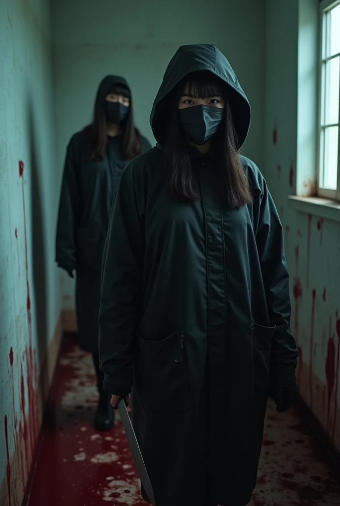 2 korean girls, (behind multiple corpse, holding knife), black surgical mask, stabbing, black gloves, room full of blood, black raincoat, hood up, holding knife, black gloves, woman on top, behind multiple corpse, blood splatter, mass murderer, killer, long bangs, blood splatter, dark atmosphere, cinematic lighting, atmospheric realistic, light from the window,
