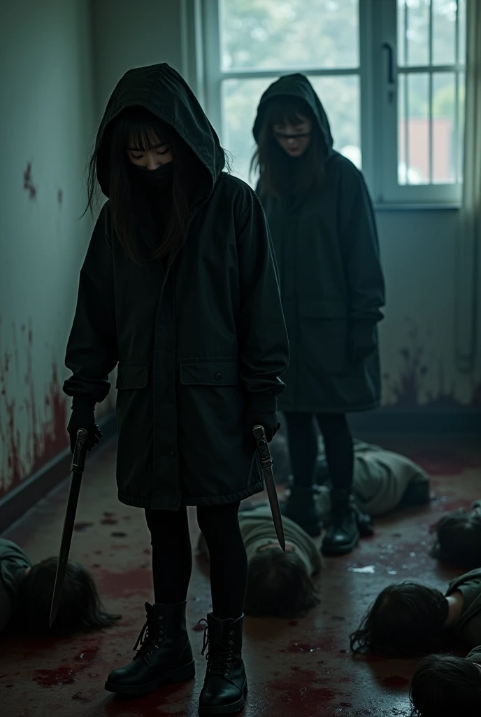 2 korean girls, (behind multiple corpse, holding knife), black surgical mask, stabbing, black gloves, room full of blood, black raincoat, hood up, holding knife, black gloves, woman on top, behind multiple corpse, blood splatter, mass murderer, killer, long bangs, blood splatter, dark atmosphere, cinematic lighting, atmospheric realistic, light from the window,