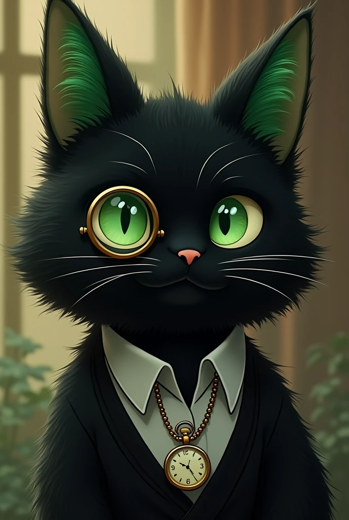 Black cat with green eyes, fading to green on eartips, black hair with green fade, wearing a monocle on the left eye, wearing a classic shirt, wearing a black waistcoast and an old pocket watch with gold pocket chain, furry, furry art, antrophomorphic animal, ghibli studio style, studio ghibli style, hayao miyazaki style, ghibli studio
