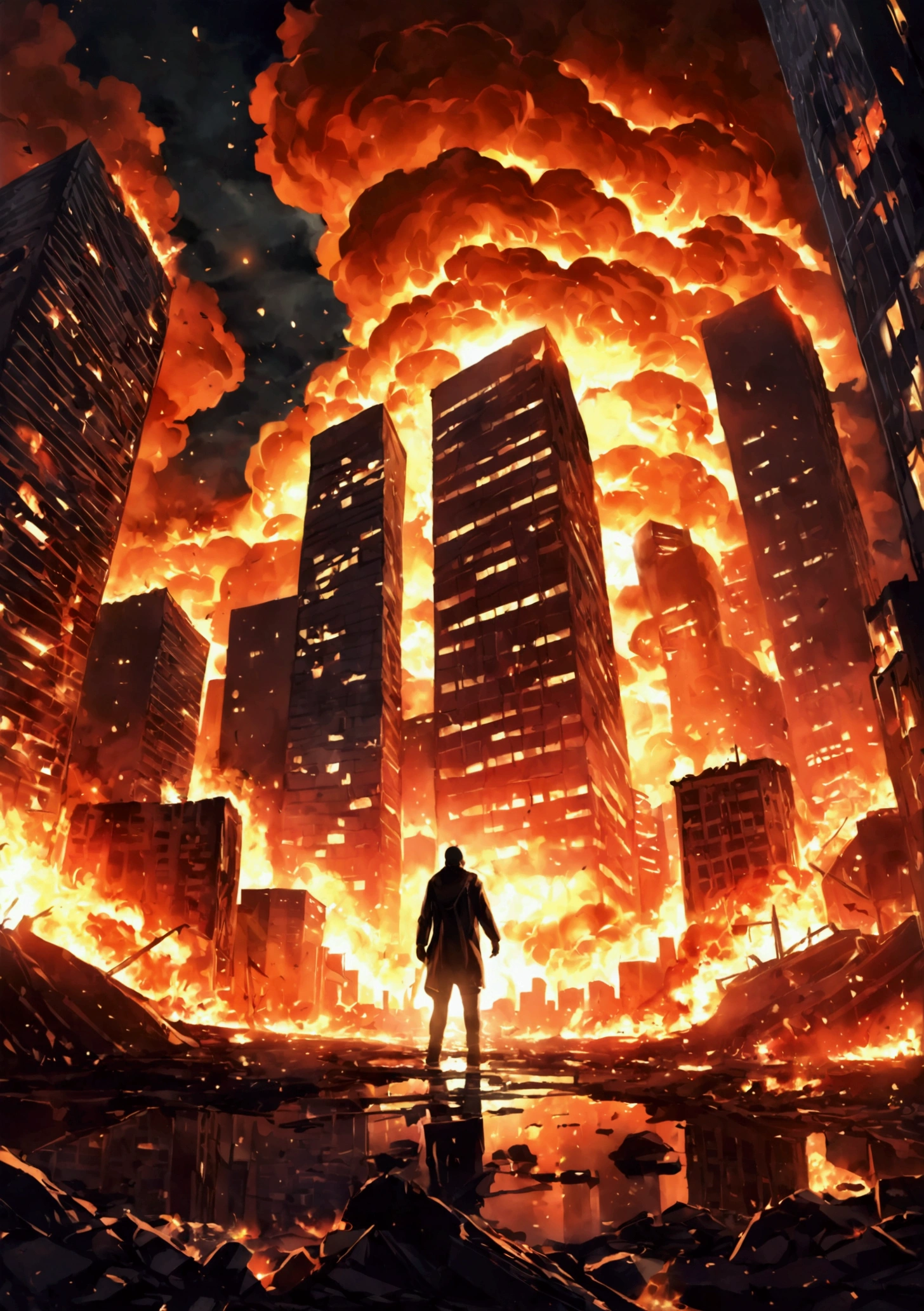 Create a dramatic scene of a futuristic city engulfed in flames and explosions at night. The tall buildings are being consumed by fire, with bright orange and red flames reaching high into the sky, illuminating the surroundings with an intense glow. The streets below are littered with debris and destruction, and the reflections of the flames can be seen on the glass windows of the skyscrapers. A lone figure is shown in mid-air, seemingly falling or suspended, silhouetted against the intense light of the fire. The atmosphere is chaotic, with smoke, sparks, and embers filling the sky, creating a sense of apocalyptic destruction. The image should be highly detailed, capturing the chaos and devastation of the scene