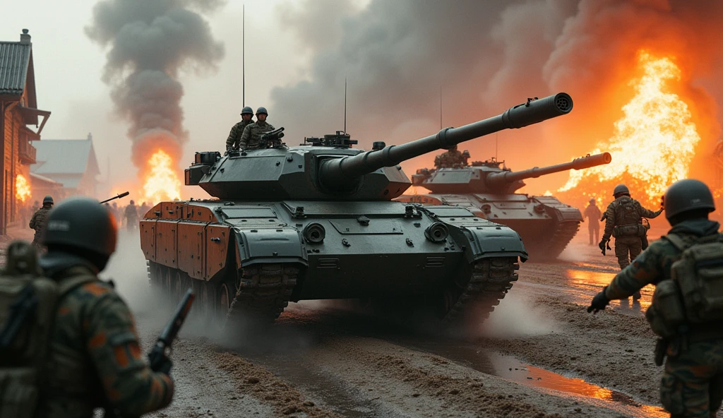 Enemy tank units attacking the village, futuristic armoured tanks with curved surfaces, accompanying infantrymen running around, detailed military vehicles, realistic military uniforms and equipment, dynamic military action scenes, fire raging in the rear, flying dust and debris, cinematic lighting, gloomy and stagnant atmosphere, terrifying battlefield reality, close-up shots of armoured fighting vehicles, conveying the terrifying battlefield reality,