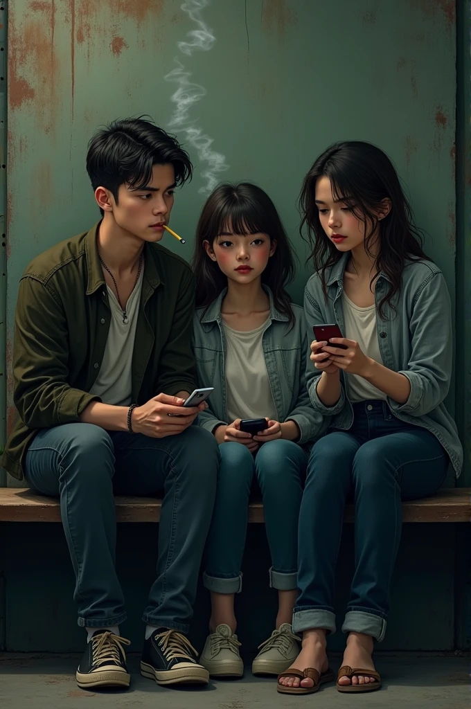 3 friends are sitting side by side talking, 1 boy is smoking, 1 girl is scrolling on her phone and 1 girl is sitting in mood off.
