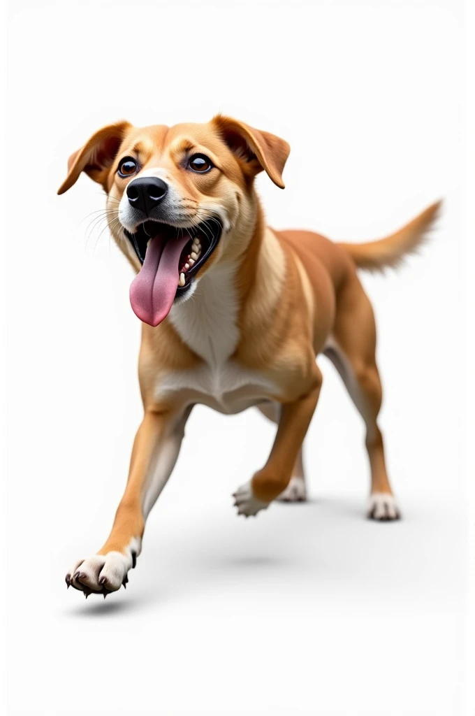 Full body real dog walking sideways with mouth open and tongue out with white background