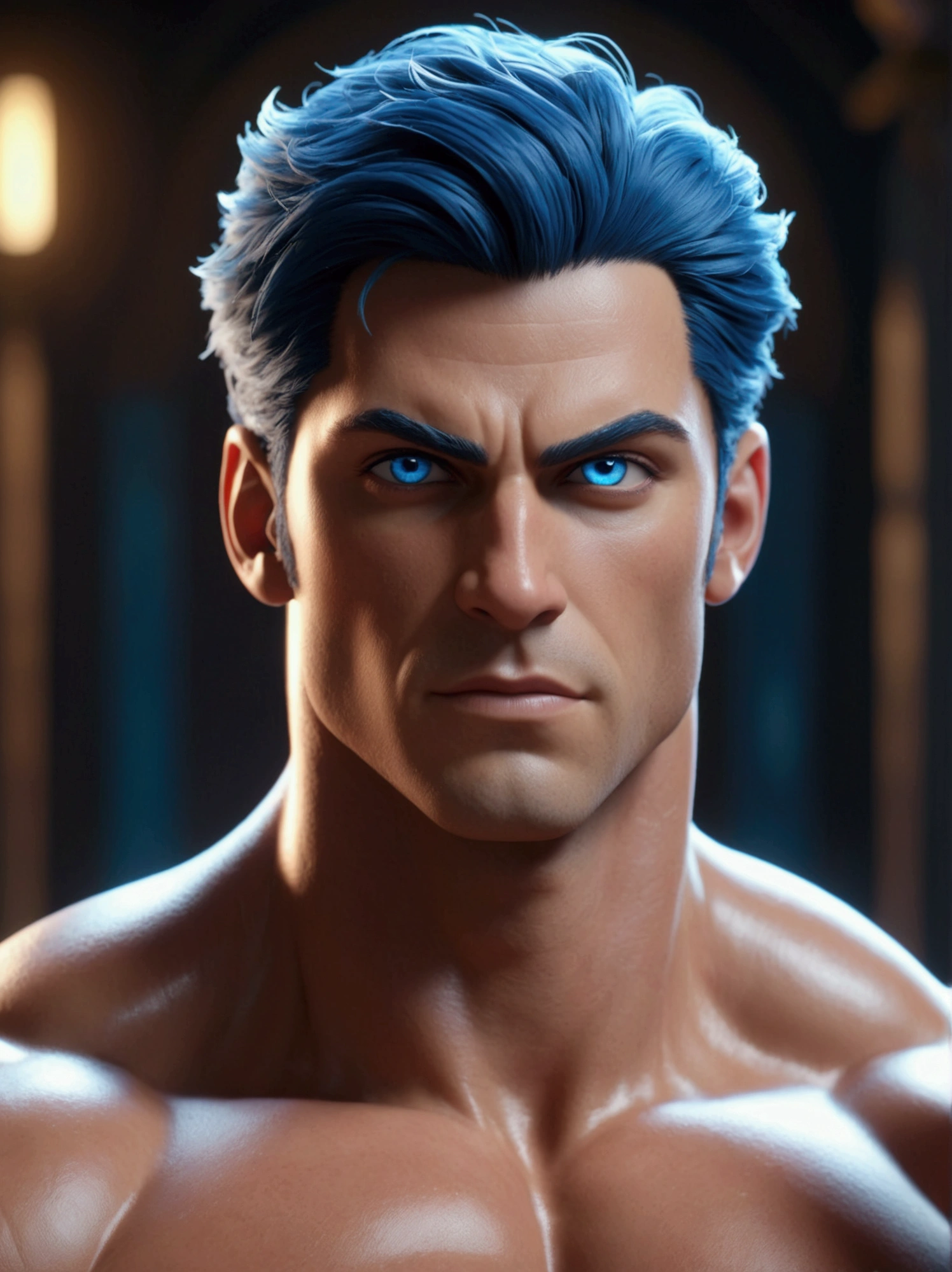 A beautiful muscler man ,bleu eyes,3d animation ,inspierd ,8k