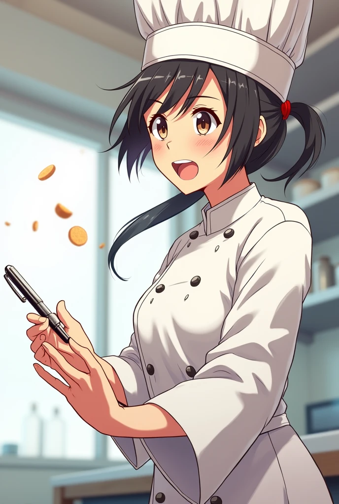 Anime chef tossing pen side view