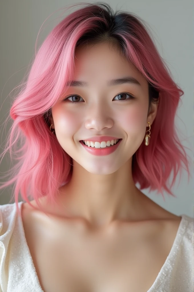 Asian woman with pink hair. 30 years old. With a beautiful smile and eyes. Big and natural chest. 70C bra size. 152cm. 45kg. Natural and realistic photo
