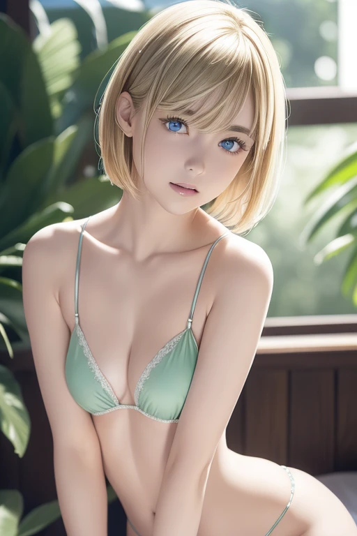 ((masterpiece、top-quality、realisitic、ultra-detailliert、high resolution、Photorealsitic、foco nítido、photographrealistic、Raw photography、face lights)), High brightness, Strong gaze, Growing eyes, 1girl, best quality, solo, bright expression, natural medium breast, elegant mature woman, cleavage, slim, thin, looking at viewer, blonde reflected light, green shiny bikini, beautiful small blue eyes, gorgeous short straight shoulder-length blonde hair, shiny light hair, collarbone, silky shiny skin, small closed mouth、see through nipple、perfect detailed anatomy、perfect arms、perfect fingers、navel、perfect beautiful body、spread legs、arms behind back