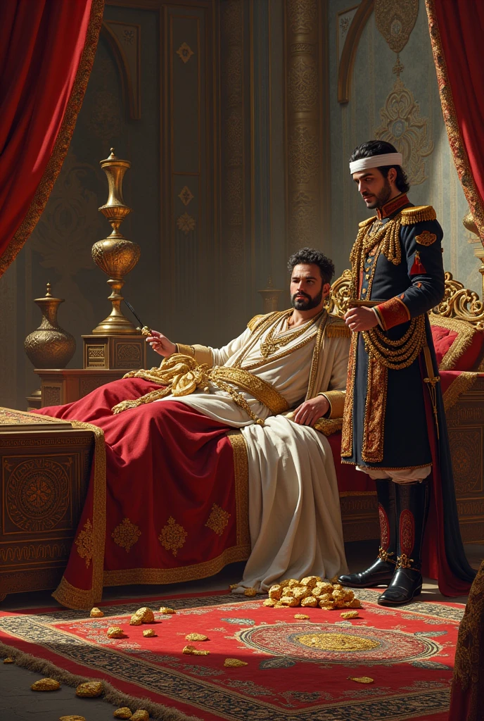 Persian king in his luxurious bedroom lying on his bed a Persian officer standing next to the bed with a dagger also add carpets gold pieces and vases