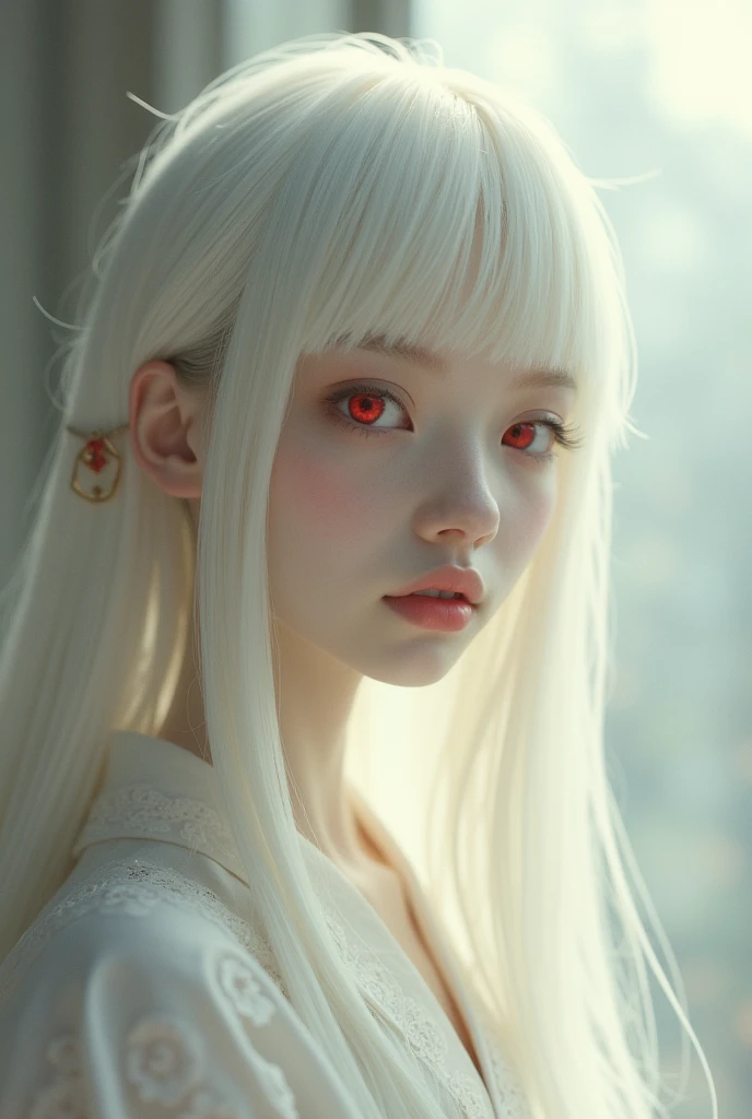 An albino girl, With straight hair and red eyes,shy, japanese