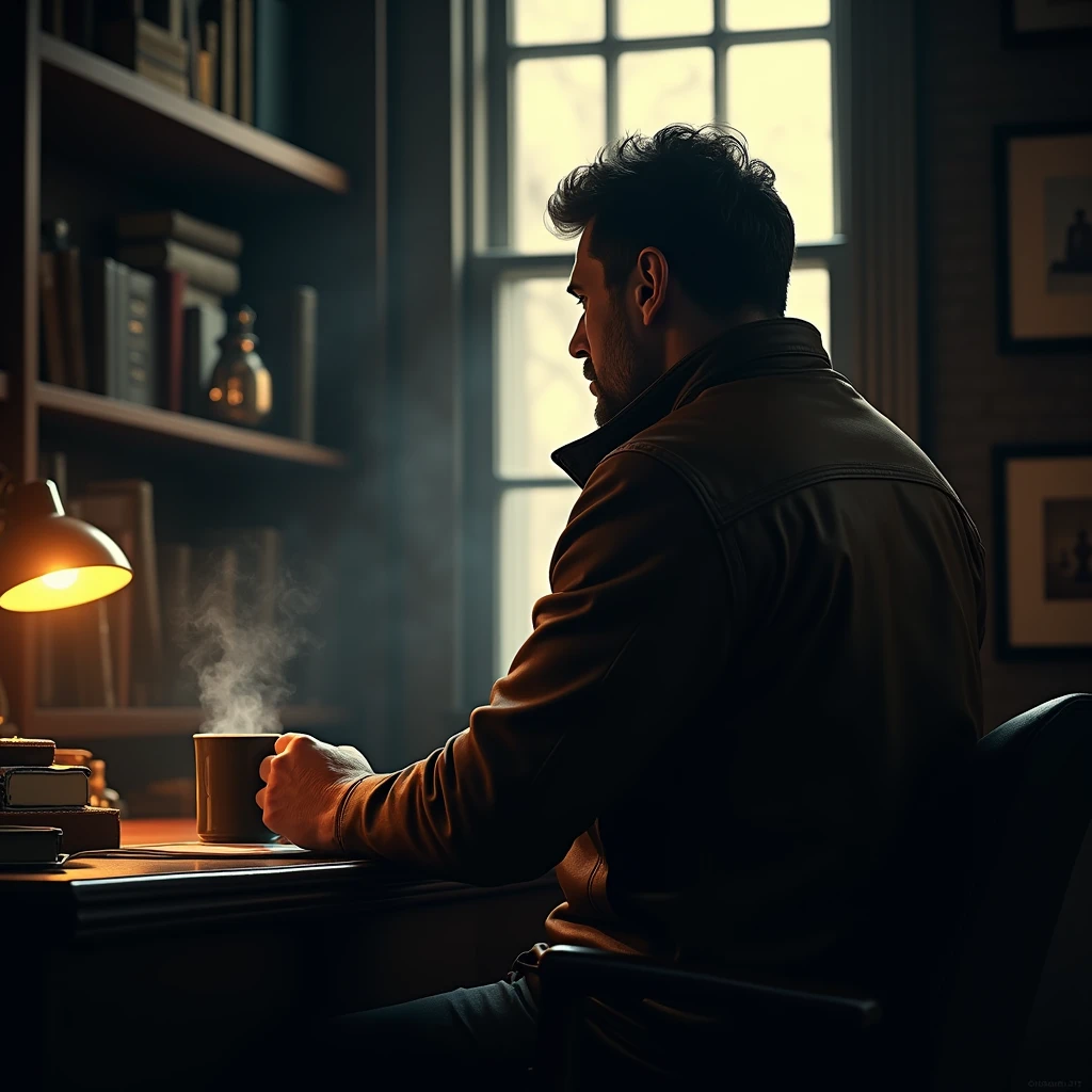 In a detective agency room,A man in a leather jacket stands by the window holding a mug, Turn your back to the lens