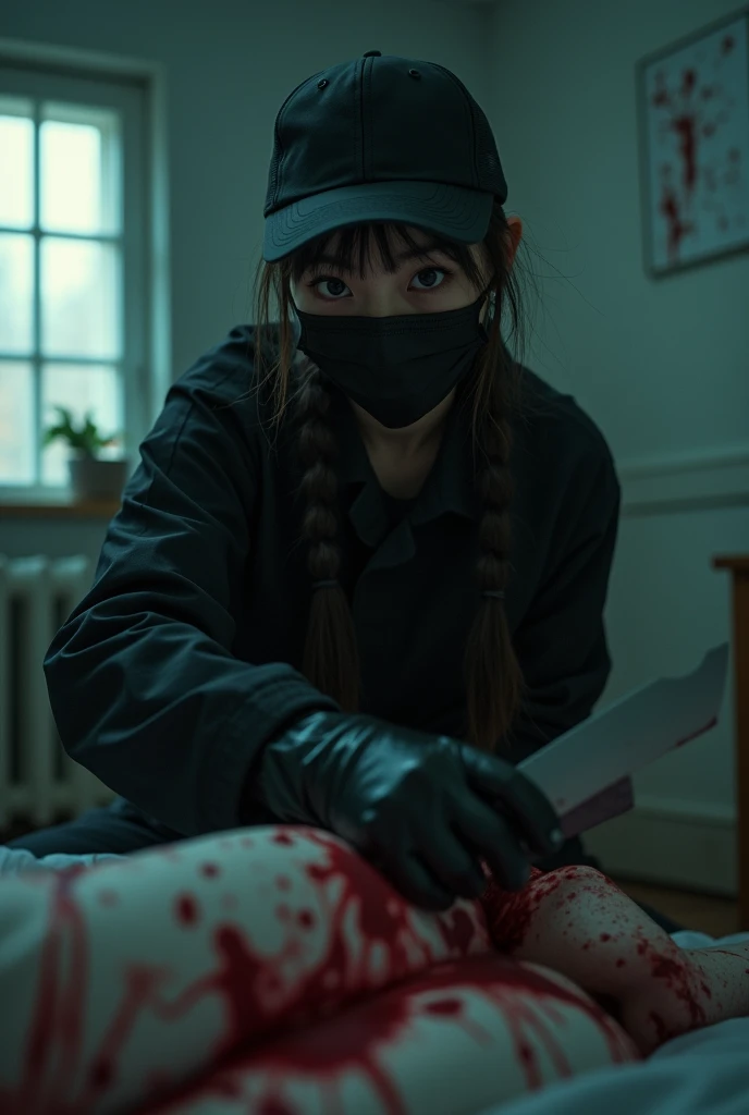 korean girl, (behind stiff, holding knife), stabbing, black surgical mask, black gloves, black raincoat, trucker hat, holding knife, black gloves, woman on top, behind cadaver, blood splatter, torture, looking at viewer, mass murderer, killer, low ponytail, blood splatter, dark atmosphere, cinematic lighting, atmospheric realistic, light from the window,
