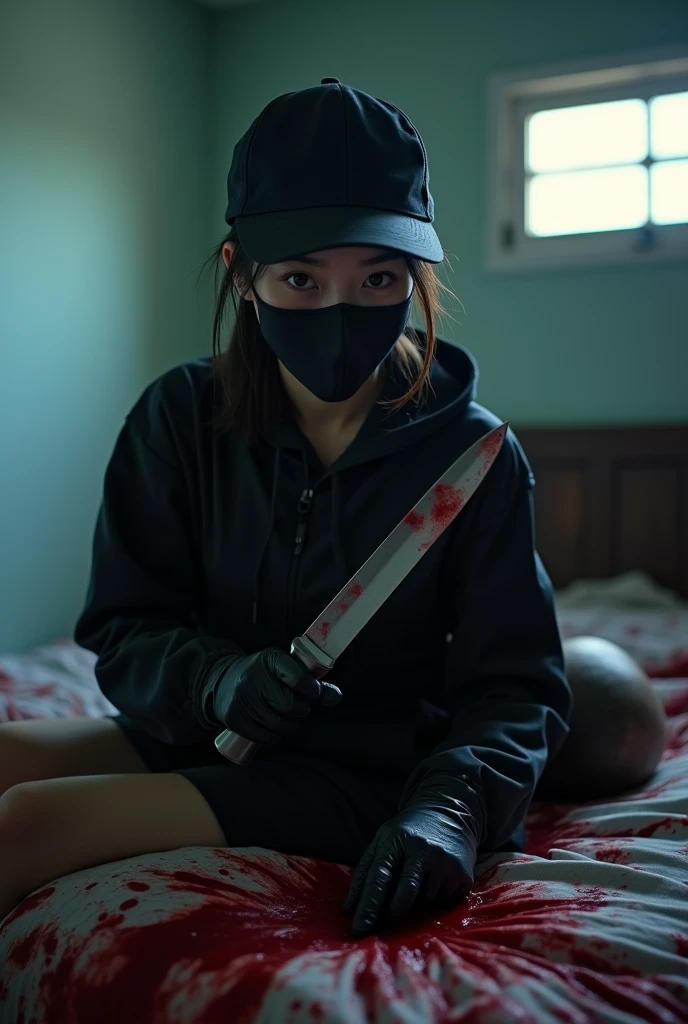 korean girl, (behind corpse, holding knife), black surgical mask, black gloves, room full of blood, black raincoat, trucker hat, holding knife, black gloves, woman on top, behind multiple corpse, blood splatter, on the bed, looking at viewer, mass murderer, killer, low pony tail, blood splatter, dark atmosphere, cinematic lighting, atmospheric realistic, light from the window, close-up,
