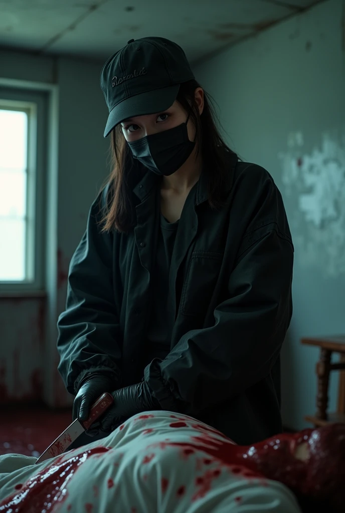 korean girl, (behind corpse, holding knife), black surgical mask, black gloves, room full of blood, black raincoat, trucker hat, holding knife, black gloves, woman on top, behind multiple corpse, blood splatter, on the bed, looking at viewer, mass murderer, killer, low pony tail, blood splatter, dark atmosphere, cinematic lighting, atmospheric realistic, light from the window, close-up,