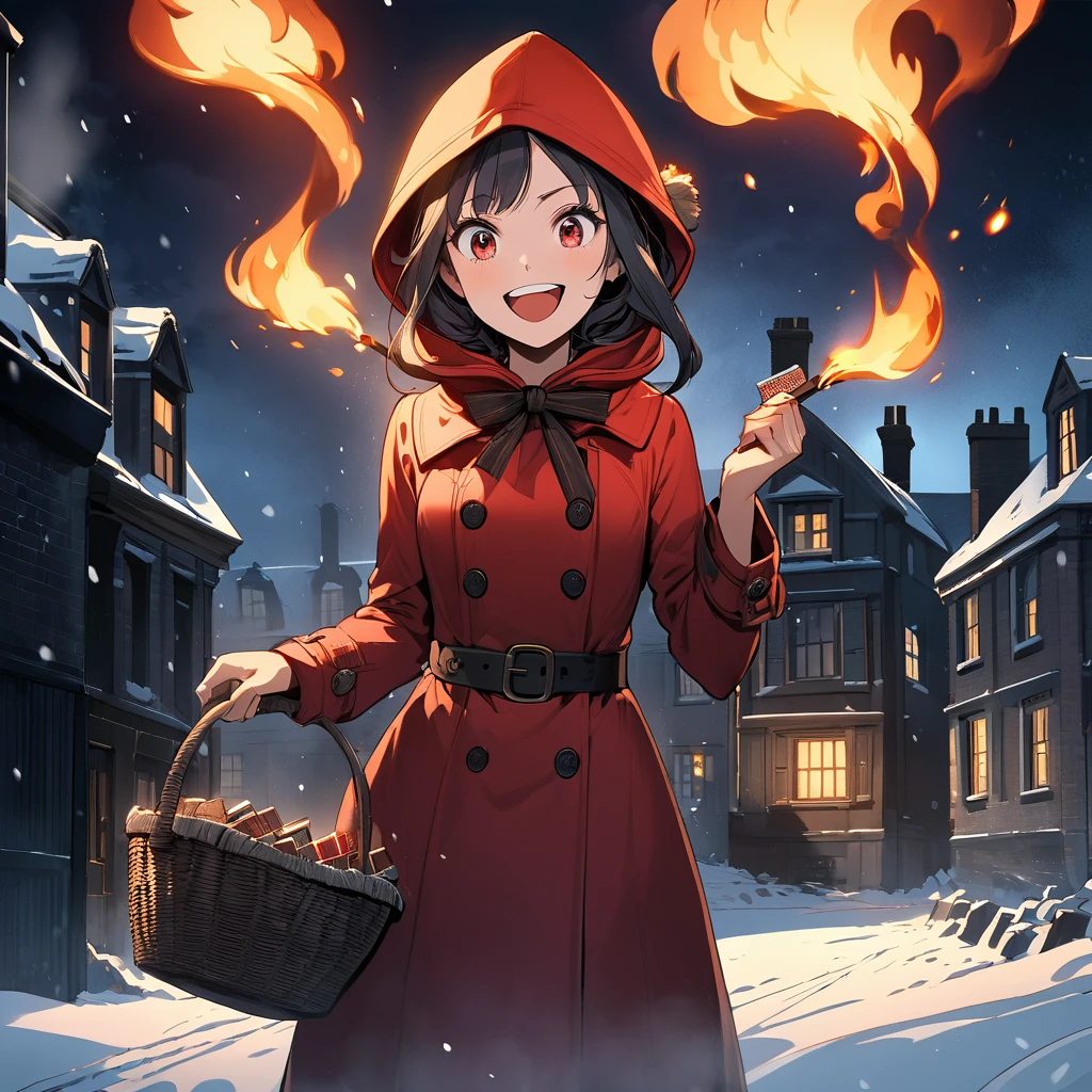 Boldly brushed anime style illustration, midwinter night, crazy fun, cinematic lighting, 19th century London, snowy night, burning house, one girl, front view, the little match girl laughing cruelly, she wears a red coat with a hood and holds a basket of matchboxes under her arm. Front view
