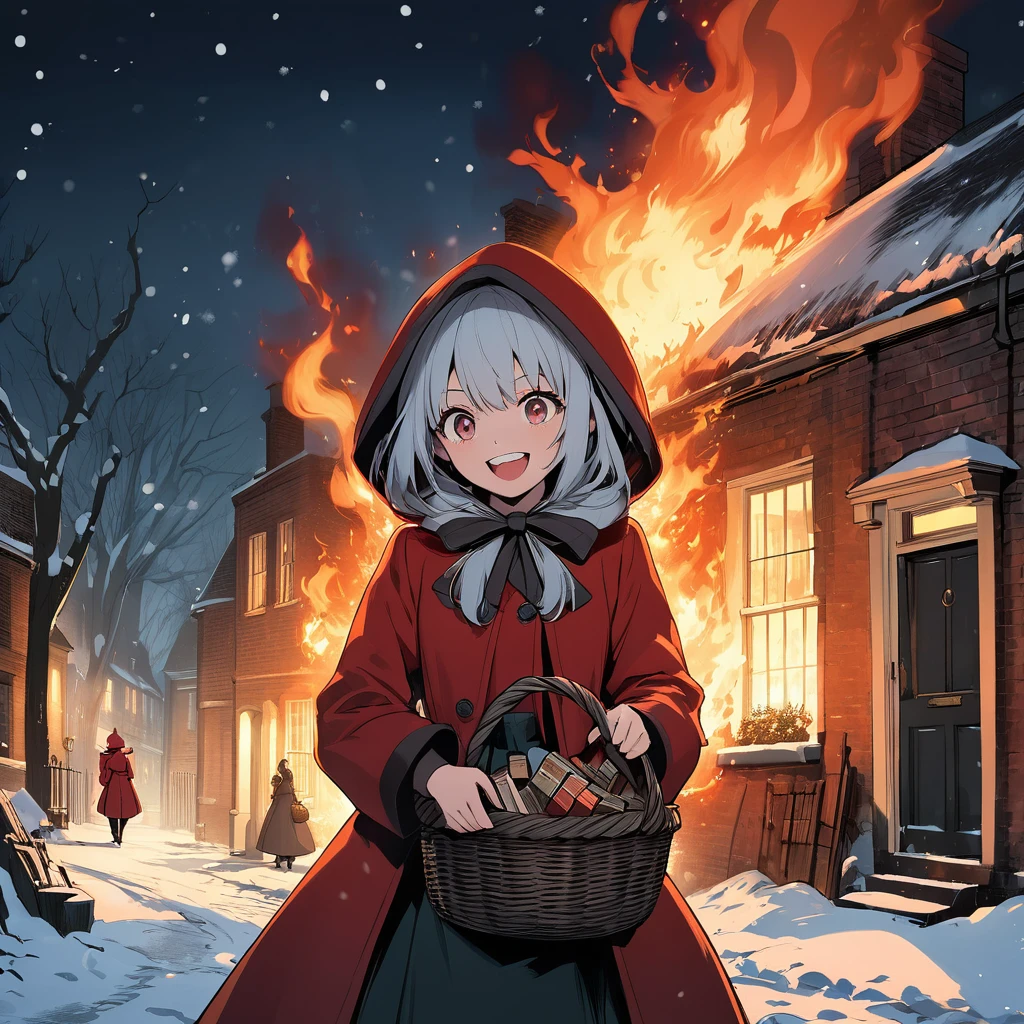 Boldly brushed anime style illustration, midwinter night, crazy fun, cinematic lighting, 19th century London, snowy night, burning house, one girl, front view, the little match girl laughing cruelly, she wears a red coat with a hood and holds a basket of matchboxes under her arm. Front view