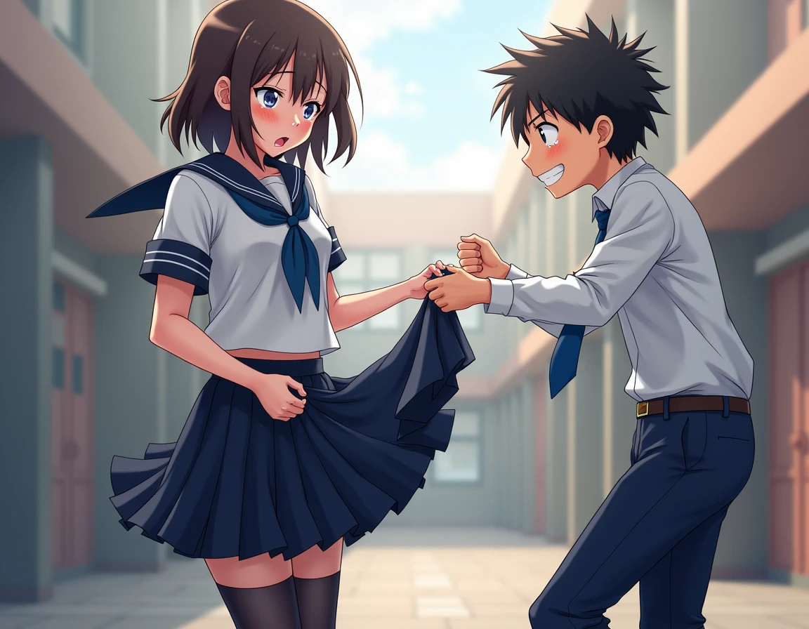  Reflects light beautifully.A high school girl wearing a sailor uniform、This is a scene where a male student in a classmate&#39;s uniform is lifting up her skirt.。High school girls in pure white blouses、She wears a sailor uniform with a distinctive navy blue sailor collar.、She is desperately holding down her navy blue pleated skirt.。her face turns red、With a look of anger and embarrassment、She is glaring at the male student with tears in her eyes.。Her hair is shoulder-length、The bangs are a little messy.、It shows the intensity of the movement。 she前かがみになり、The skirt is held down by the inner thighs。Her hands were gripping the hem of her skirt tightly.、I&#39;m so tense my knuckles are turning white。Her legs were shaking with tension、You can see the muscle tension through the stockings.。 on the other hand、The male students are wearing school uniforms、White shirt and blue tie、And he&#39;s wearing black pants。He&#39;s full of mischief、Grabbing a high school girl&#39;s skirt with one hand、With the other hand, he tries to turn it up even further.。His expression is joyful、There is a smile on his face.。His eyes were shining with excitement、You can see the anticipation of the prank succeeding.。 The high school girl&#39;s skirt slowly々When it is turned over、The white string panties are visible、Her face gets even redder。she「stop！」While shouting、I desperately hold down my skirt。His voice was trembling and angry.、Her embarrassment and anger are palpable.。 The male student ignored the voice.、Pull the skirt with more force.。His hand movements are quick、The hem of the skirt sways。With his powerful hand movements、In contrast, the desperate resistance of high school girls is depicted.。 In the background, the schoolyard and hallways are spread out.、It gives a glimpse into everyday school life.。There may be other students around watching from a distance.、Because they are concentrating on the offense and defense of the two、The background is slightly blurred。 With natural light shining in、Their movements create a shadow.、It gives a realistic texture and a sense of presence.。Because it is drawn in a full-body composition、The posture and facial expression of the two、The hand movements are depicted in detail。especially、The contrast between light and shadow is enhanced、The movements and emotions of the two people emerge more clearly.。