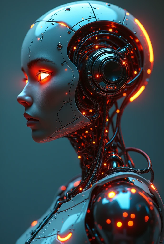 1 mechanical girl,((Ultra realistic details)), portrait, global illumination, shadows, Octane render, 8 K, ultra sharp,metal,difficult, decoration detailed, cool colors, Egyptian detail, highly difficult details, Realistic light, trending cgsociety, sparkling eyes, front camera, neon details, mechanical limbs,blood vessels, connected to tubes,mechanical vertebra, attached to the back,mechanical cervical attachment to the neck,sitting,wires and cables, connecting to the head