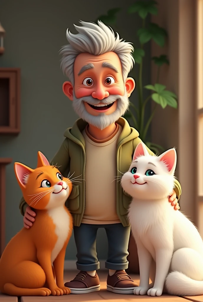 Man next to an orange cat and another white cat