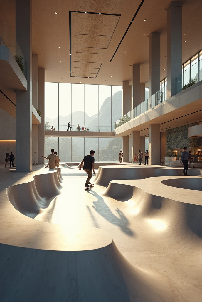Imagine a detailed hyperrealistic indoor skatepark, luxury