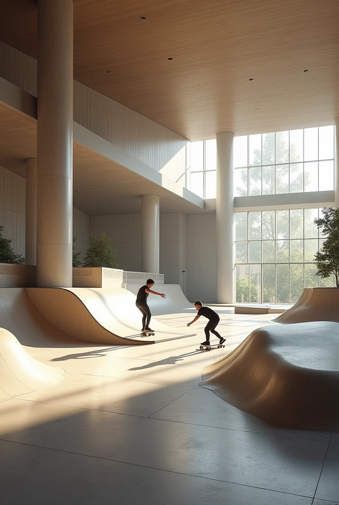 Imagine a detailed hyperrealistic indoor skatepark, luxury 