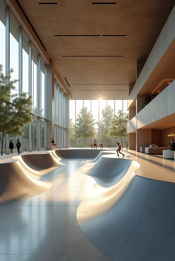 Imagine a detailed hyperrealistic indoor skatepark, luxury