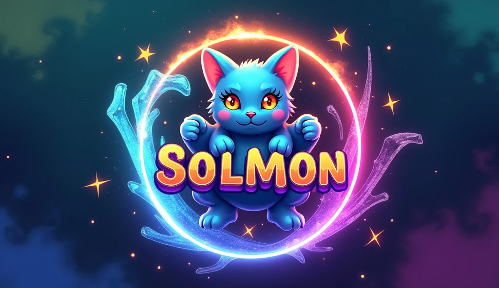 Design a 16:9 Twitter cover banner for 'SOLMON - Solana Monsters' that seamlessly blends modern, playful aesthetics with the essence of elemental-themed creatures. The banner should feature a central circular logo emblem with a stylized cat monster creature, embodying the 'Solana' theme through a vibrant color palette of blues, greens, and purples with glowing accents. The cat creature should reflect an elemental type (e.g., fire, water, earth), capturing both power and cuteness in its design. The circular logo should be positioned prominently in the center of the banner, surrounded by subtle textures or gradients that evoke digital or cosmic elements. The text 'SOLMON' should be displayed boldly within the circular emblem, using rounded typography that is both friendly and adventurous. Extend the design outward from the central logo to include dynamic background elements like digital sparks, stars, waves, or abstract shapes that enhance the banner's otherworldly, magical atmosphere. The overall design should be clean, balanced, and visually striking, ensuring it stands out as a captivating and cohesive Twitter cover that aligns with the SOLMON branding.