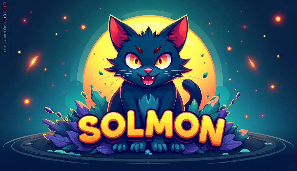 Design a 16:9 cover banner for 'SOLMON - Solana Monsters' that seamlessly blends modern, playful aesthetics with the essence of elemental-themed creatures. The banner should feature a central circular logo emblem with a stylized cat monster creature, embodying the 'Solana' theme through a vibrant color palette of blues, greens, and purples with glowing accents. The cat creature should reflect an elemental type (e.g., fire, water, earth), capturing both power and cuteness in its design. The circular logo should be positioned prominently in the center of the banner, surrounded by subtle textures or gradients that evoke digital or cosmic elements. The text 'SOLMON' should be displayed boldly within the circular emblem, using rounded typography that is both friendly and adventurous. Extend the design outward from the central logo to include dynamic background elements like digital sparks, stars, waves, or abstract shapes that enhance the banner's otherworldly, magical atmosphere. The overall design should be clean, balanced, and visually striking, ensuring it stands out as a captivating and cohesive Twitterthat aligns with the SOLMON branding.
