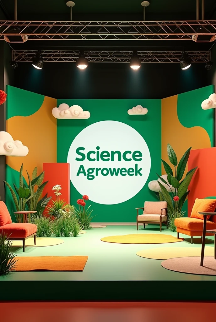 a stage, for an activity related to agricultural production, that has green colors, whites, red and yellow, which also says science agroweek, You can use cloth blankets, mantas vinylic, paper decorations, etc, The space I will use is physical and we do not have virtual means, apart from small television screens