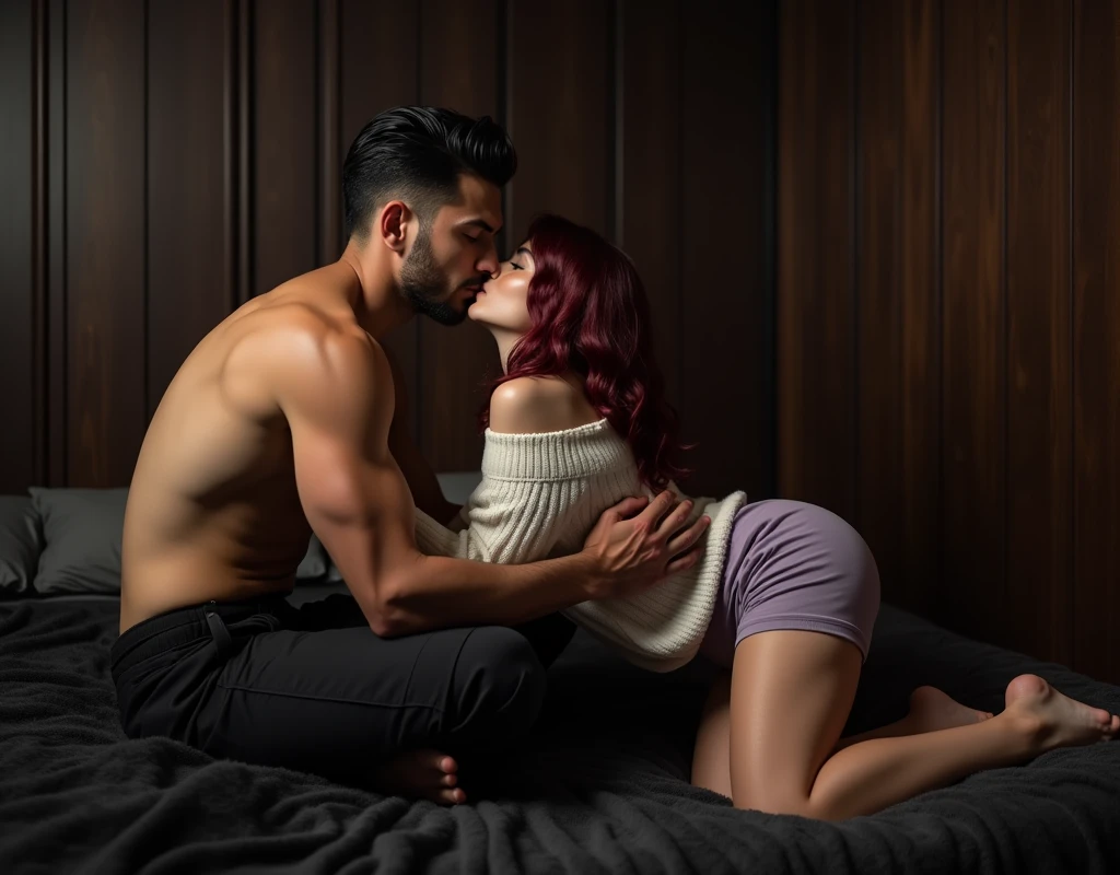 209 cm tall, 29-year-old, muscular attractive man with black short layered swept back wavy crew cut hair, short black facial hair, shirtless, Mediterranean-Native American features, black cargo pants, hip shot, kissing much shorter woman on her knees on the bed leaning up to reach his lips, she has very pale skin and wavy vibrant maroon hair wearing white off shoulder sweater and lavender shorts, arms around her back as he sits on the edge of a dark fur covered bed in an underground basement with dark wood panel in low lighting, photorealistic, cinematic