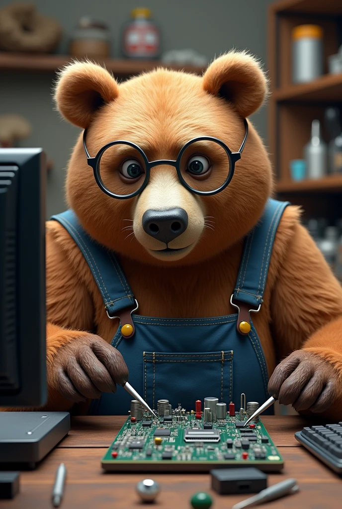 Real bear wearing overalls, glasses, holding tools, sitting and repairing a computer