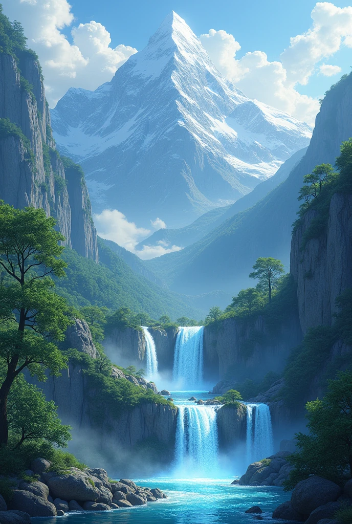 A scenery of nature consisting of clouds,  mountains , waterfalls , trees. The waterfalls are floeing down from the mountains . The water looks like pearls and diamonds flowing down. Overall the scenery is heavenly