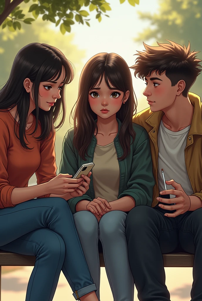 3 same age friends are sitting side by side talking, 1 boy is smoking, 1 girl is scrolling on her phone and 1 girl is sitting in mood off.