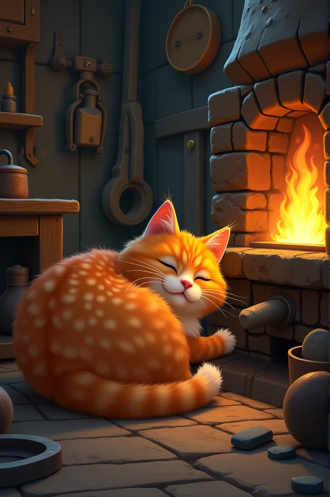  An orange chubby cat with glowing, fire-like fur curled up near a dimly burning forge in a rustic blacksmith’s workshop