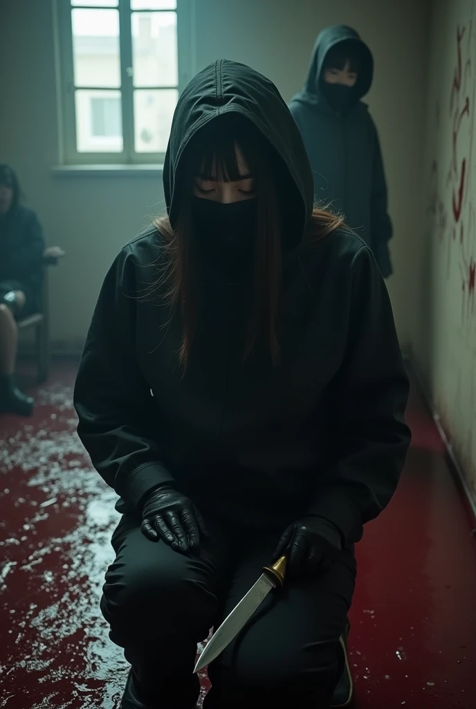 2 korean girls, (behind multiple corpse, holding knife), black surgical mask, stabbing, black gloves, room full of blood, black raincoat, hood up, holding knife, black gloves, woman on top, behind multiple corpse, blood splatter, mass murderer, killer, long bangs, blood splatter, dark atmosphere, cinematic lighting, atmospheric realistic, light from the window,