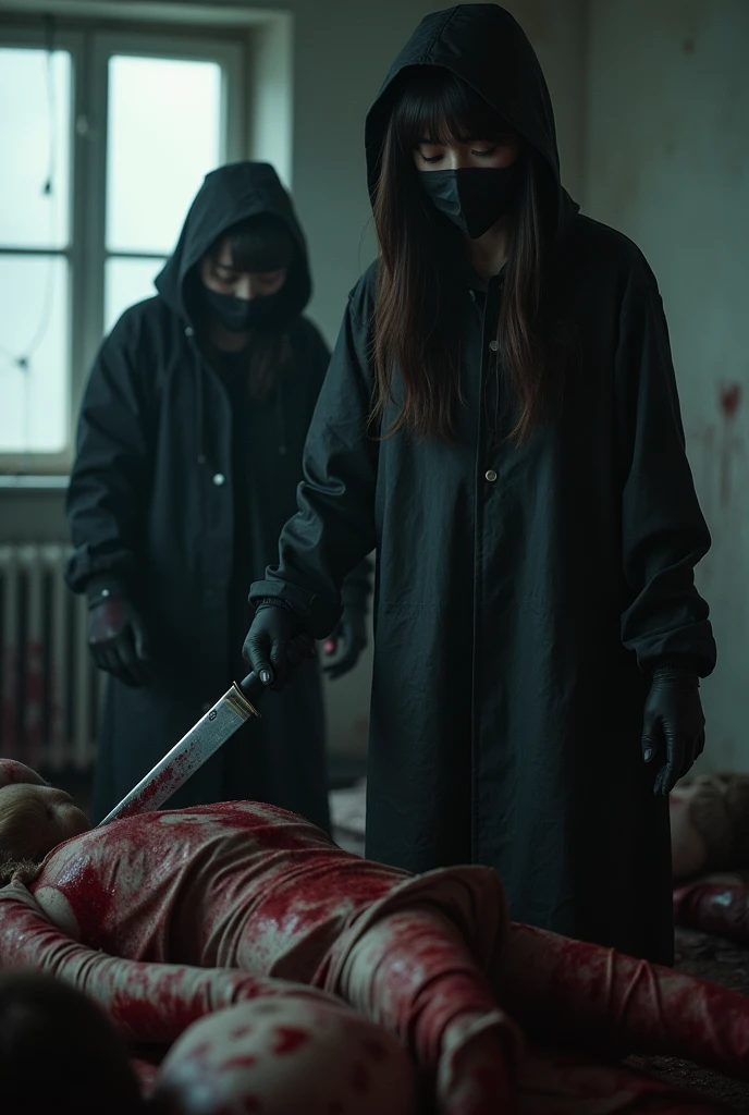 2 korean girls, (behind multiple corpse, holding knife), black surgical mask, stabbing, black gloves, room full of blood, black raincoat, hood up, holding knife, black gloves, woman on top, behind multiple corpse, blood splatter, mass murderer, killer, long bangs, blood splatter, dark atmosphere, cinematic lighting, atmospheric realistic, light from the window,