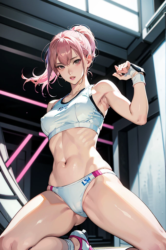 An ultra-detailed full-body illustration, style of 1980s Japanese comics, 8k resolutions, 1girl, solo, Sharp Focus, slender leg, Characterize by alluring, The character has striking pink hair, Perfect Figure with pale skin and a slender physique. She is training intensely in a boxing ring, wearing retro athletic gear, including white mesh crop-top with no bra, white sheer t-back bikini with no pant, black open-finger boxing gloves, and sneakers, Bra comes off, nipples, highlight breast, wet clothes, wet body. The scene is vibrant with retro colors and dynamic lines, capturing the intensity of her workout while blending a sporty, fashionable, and retro aesthetic.