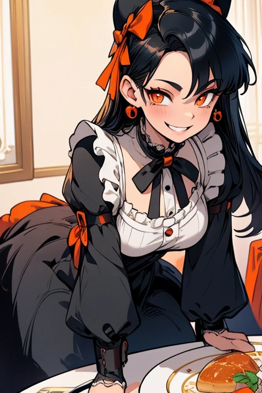 Perfect face Perfect hands. A black haired woman with orange eyes in a Lolita maid uniform is setting a table in a fancy maid cafe with a big smile