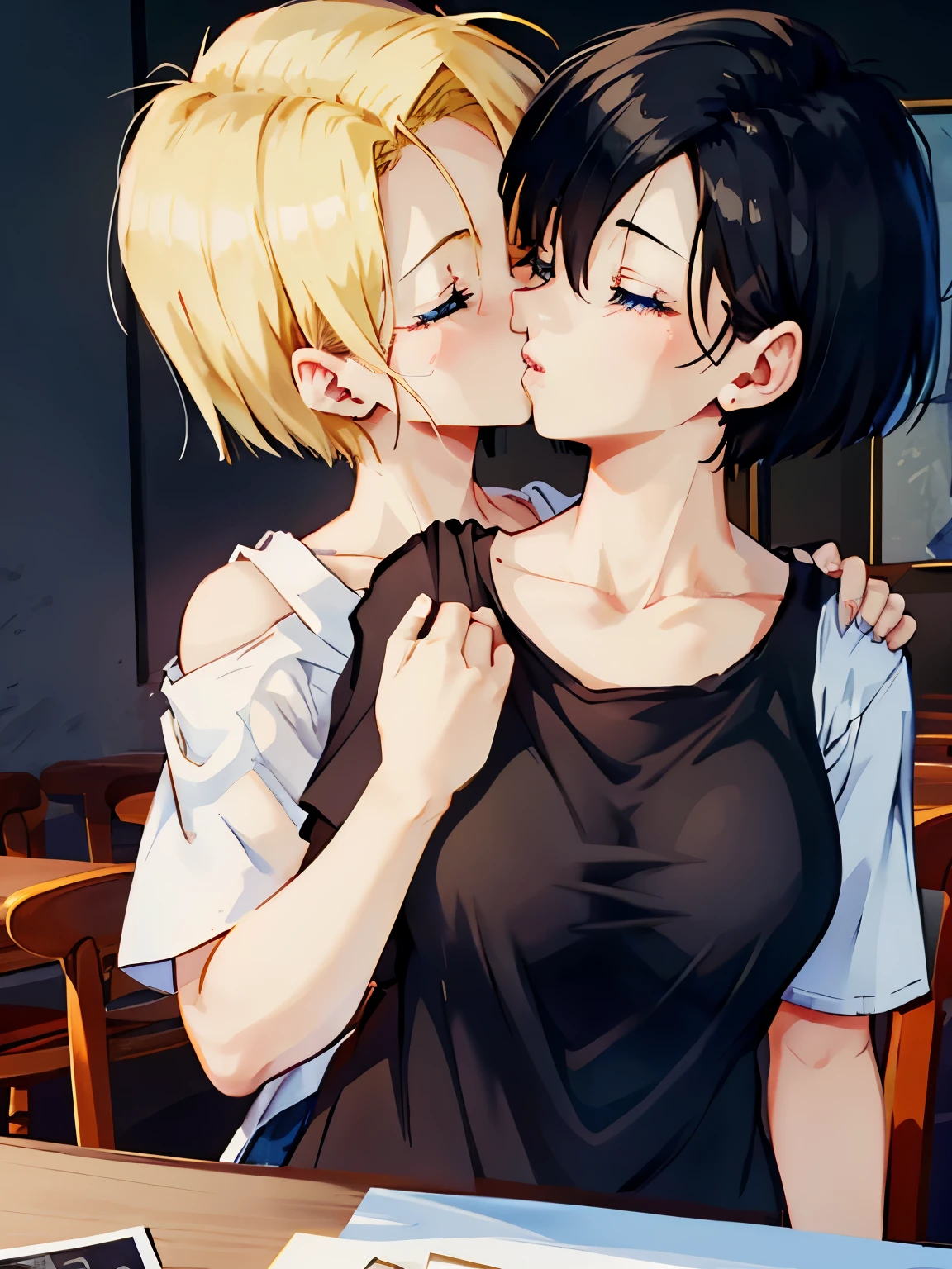 He saw,Android 18,Tabletop, Highest quality,shape, wallpaper, Very detailed, Absurd beauty、(night、Dark Room)、((Two、))、(((kiss)))、(blonde、Medium Hair、short hair、Very large breasts)、close your eyes、White T-shirt、Off the shoulder、Shyness