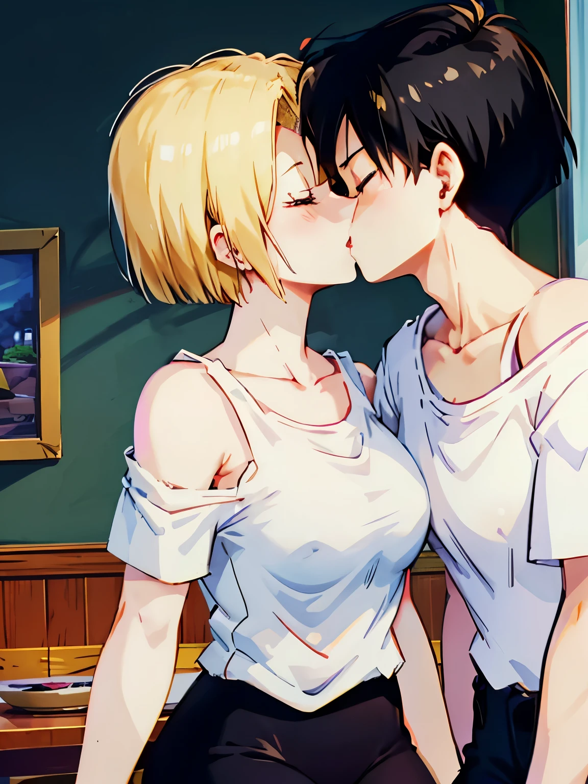 He saw,Android 18,Tabletop, Highest quality,shape, wallpaper, Very detailed, Absurd beauty、(night、Dark Room)、((Two、))、(((kiss)))、(blonde、Medium Hair、short hair、Very large breasts)、close your eyes、White T-shirt、Off the shoulder、Shyness