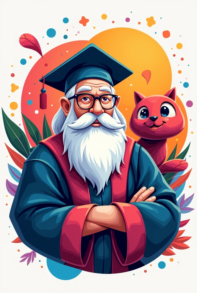 Create an image with the theme of visual identity, a colorful and creative logo with a mascot, a strong, white-bearded teacher
