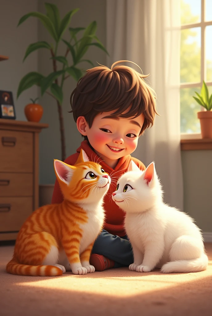 Boy next to an orange cat and another white cat