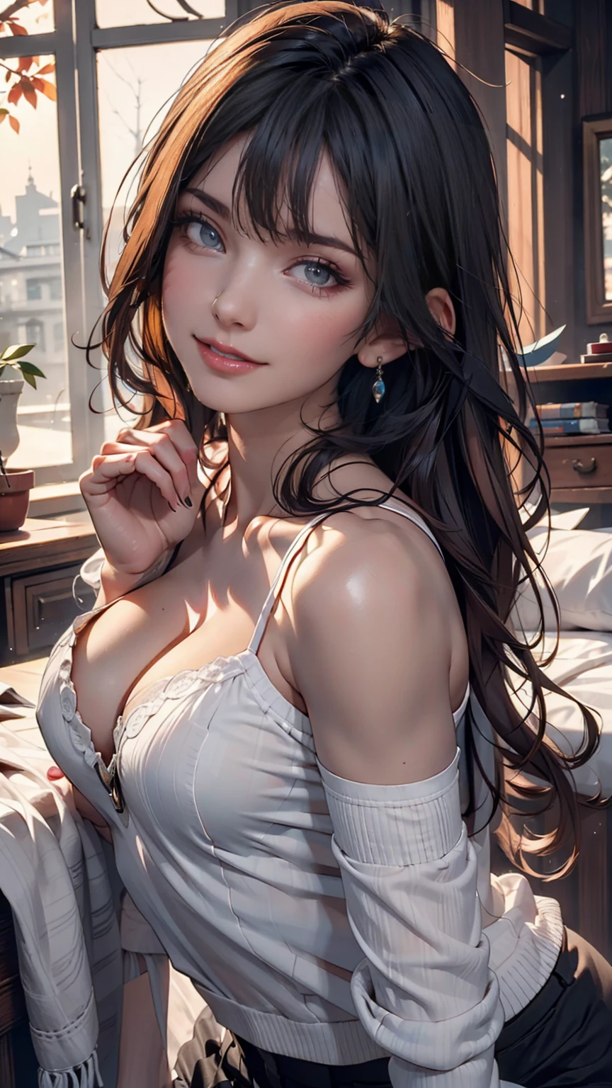 (masterpiece, Highest quality:1.2), (High resolution, Abstract:1.1), Super detailed, One person, Cute pose, camisole, Off the shoulder, Lips parted, smile, blush、Looking up