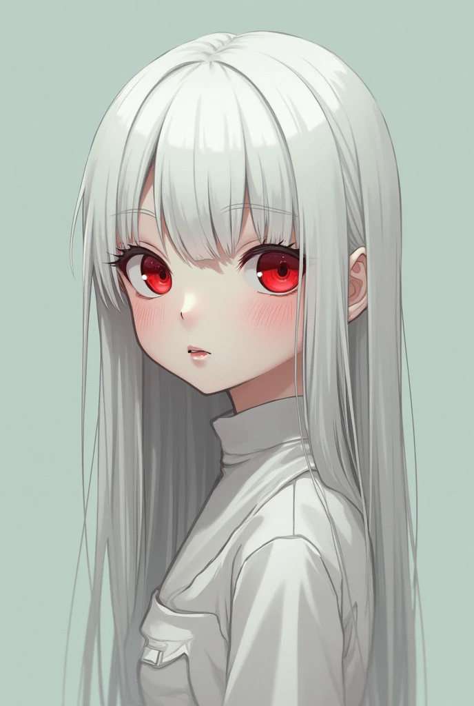 An albino girl, With straight hair and red eyes,shy, japanese, with the anime features "Hi score girl"