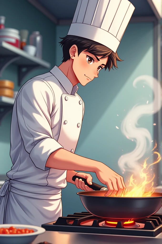 Anime boy chef cooking with pan side view 