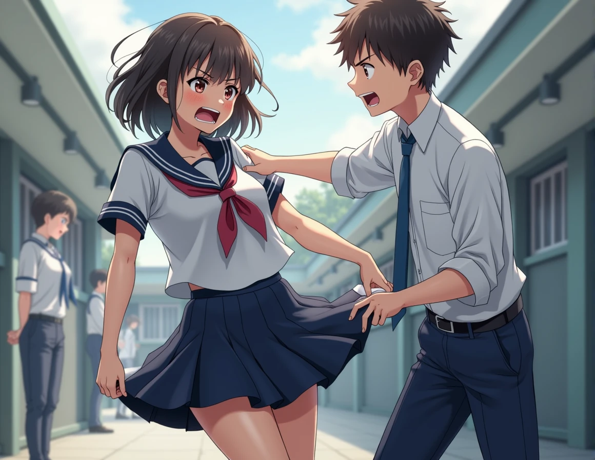  Reflects light beautifully.A high school girl wearing a sailor uniform、This is a scene where a male student in a classmate&#39;s uniform is lifting up her skirt.。High school girls in pure white blouses、She wears a sailor uniform with a distinctive navy blue sailor collar.、She is desperately holding down her navy blue pleated skirt.。her face turns red、With a look of anger and embarrassment、She is glaring at the male student with tears in her eyes.。Her hair is shoulder-length、The bangs are a little messy.、It shows the intensity of the movement。 she前かがみになり、The skirt is held down by the inner thighs。Her hands were gripping the hem of her skirt tightly.、I&#39;m so tense my knuckles are turning white。Her legs were shaking with tension、You can see the muscle tension through the stockings.。 on the other hand、The male students are wearing school uniforms、White shirt and blue tie、And he&#39;s wearing black pants。He&#39;s full of mischief、Grabbing a high school girl&#39;s skirt with one hand、With the other hand, he tries to turn it up even further.。His expression is joyful、There is a smile on his face.。His eyes were shining with excitement、You can see the anticipation of the prank succeeding.。 The high school girl&#39;s skirt slowly々When it is turned over、The white string panties are visible、Her face gets even redder。she「stop！」While shouting、I desperately hold down my skirt。His voice was trembling and angry.、Her embarrassment and anger are palpable.。 The male student ignored the voice.、Pull the skirt with more force.。His hand movements are quick、The hem of the skirt sways。With his powerful hand movements、In contrast, the desperate resistance of high school girls is depicted.。 In the background, the schoolyard and hallways are spread out.、It gives a glimpse into everyday school life.。There may be other students around watching from a distance.、Because they are concentrating on the offense and defense of the two、The background is slightly blurred。 With natural light shining in、Their movements create a shadow.、It gives a realistic texture and a sense of presence.。Because it is drawn in a full-body composition、The posture and facial expression of the two、The hand movements are depicted in detail。especially、The contrast between light and shadow is enhanced、The movements and emotions of the two people emerge more clearly.。