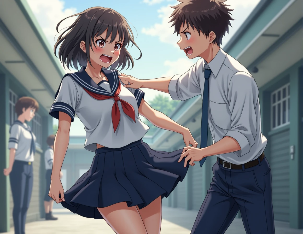 Reflects light beautifully.A high school girl wearing a sailor uniform、This is a scene where a male student in a classmate's uniform is lifting up her skirt.。High school girls in pure white blouses、She wears a sailor uniform with a distinctive navy blue sailor collar.、She is desperately holding down her navy blue pleated skirt.。her face turns red、With a look of anger and embarrassment、She is glaring at the male student with tears in her eyes.。Her hair is shoulder-length、The bangs are a little messy.、It shows the intensity of the movement。 she前かがみになり、The skirt is held down by the inner thighs。Her hands were gripping the hem of her skirt tightly.、I'm so tense my knuckles are turning white。Her legs were shaking with tension、You can see the muscle tension through the stockings.。 on the other hand、The male students are wearing school uniforms、White shirt and blue tie、And he's wearing black pants。He's full of mischief、Grabbing a high school girl's skirt with one hand、With the other hand, he tries to turn it up even further.。His expression is joyful、There is a smile on his face.。His eyes were shining with excitement、You can see the anticipation of the prank succeeding.。 The high school girl's skirt slowly々When it is turned over、The white string panties are visible、Her face gets even redder。she「stop!」While shouting、I desperately hold down my skirt。His voice was trembling and angry.、Her embarrassment and anger are palpable.。 The male student ignored the voice.、Pull the skirt with more force.。His hand movements are quick、The hem of the skirt sways。With his powerful hand movements、In contrast, the desperate resistance of high school girls is depicted.。 In the background, the schoolyard and hallways are spread out.、It gives a glimpse into everyday school life.。There may be other students around watching from a distance.、Because they are concentrating on the offense and defense of the two、The background is slightly blurred。 With natural light shining in、Their movements create a shadow.、It gives a realistic texture and a sense of presence.。Because it is drawn in a full-body composition、The posture and facial expression of the two、The hand movements are depicted in detail。especially、The contrast between light and shadow is enhanced、The movements and emotions of the two people emerge more clearly.。