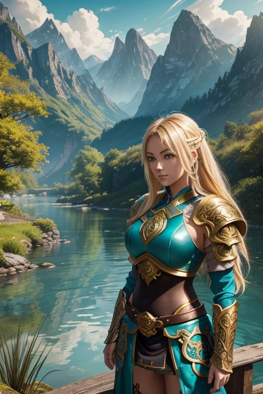 A stylized anime girl warrior stands in a serene outdoor setting, wearing ornate teal armor that highlights her physique. ((Fantasy Art Style)), She has long blonde hair and a confident expression. The background features a tranquil river and rustic wooden structures, with mountains visible in the distance. The sunlight reflects off the water, enhancing the fantasy atmosphere.